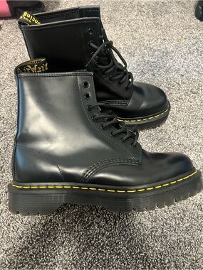Dr Martens Black Leather Lace-Up Combat Boots with Yellow Stitching